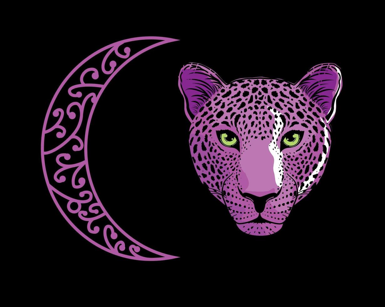 camiseta ilustración de un leopardo cabeza y un creciente con Violeta colores en un negro antecedentes. vector