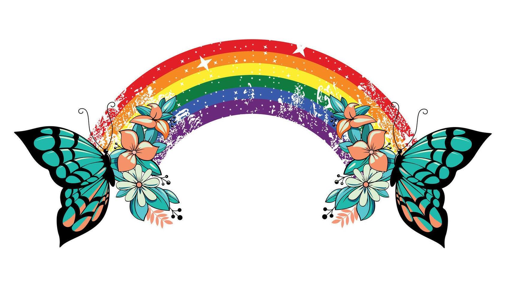 T-shirt design of two butterflies joined by a rainbow on a white background. Gay pride. vector