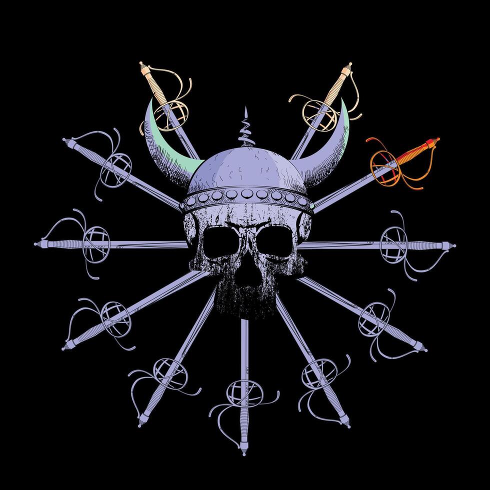Viking skull and Renaissance swords t-shirt design. vector