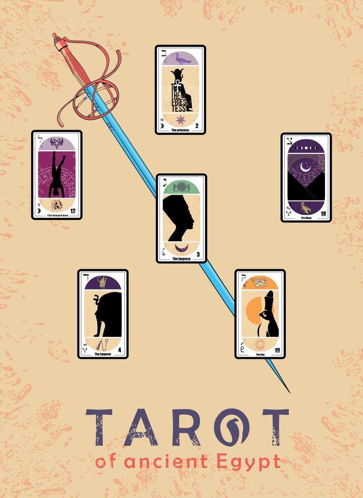 Set of five Egyptian tarot cards on a sandy background and a crossed sword. Cards called The Empress, The Moon, The Emperor, The priestess, the sun and the Hanged Man. vector