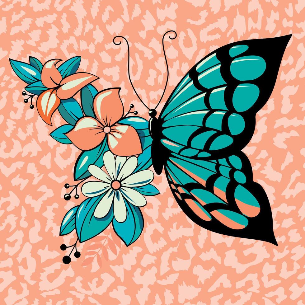 camiseta diseño de un mariposa mezclado con flores sin costura modelo de naranja leopardo impresión. vector