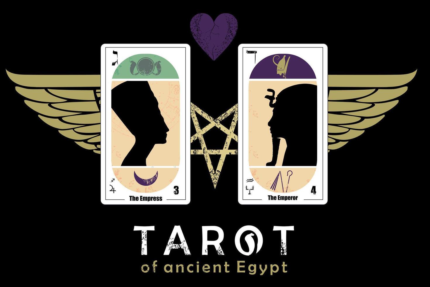 2Tarot of ancient Egypt. T-shirt design of the cards called The Empress and The Emperor along with a star, wings and a heart vector