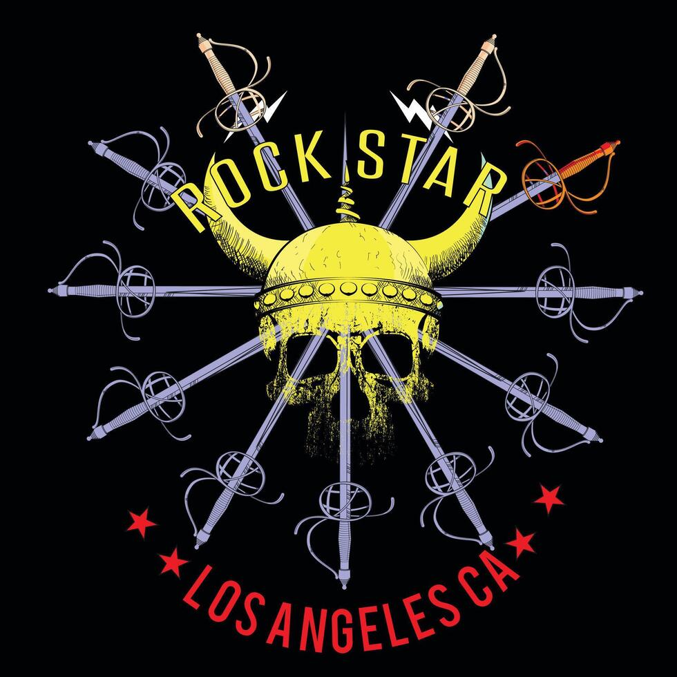 Rock Star. Los Angeles. Viking skull and renaissance swords design. vector