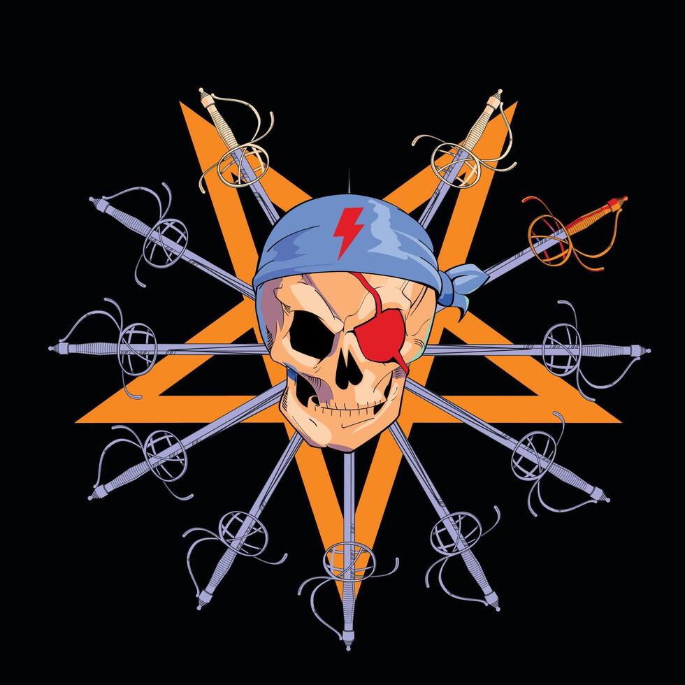 Skull t-shirt design with a demonic star and a set of Renaissance swords on a black background vector