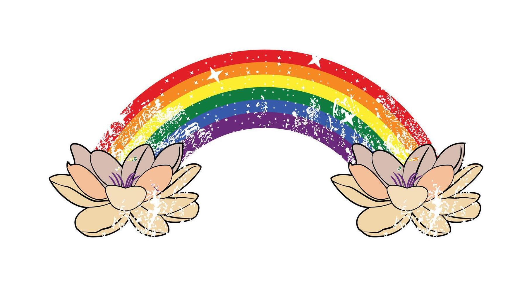 T-shirt design of two lotus flowers joined by a multicolored rainbow. Gay pride. vector