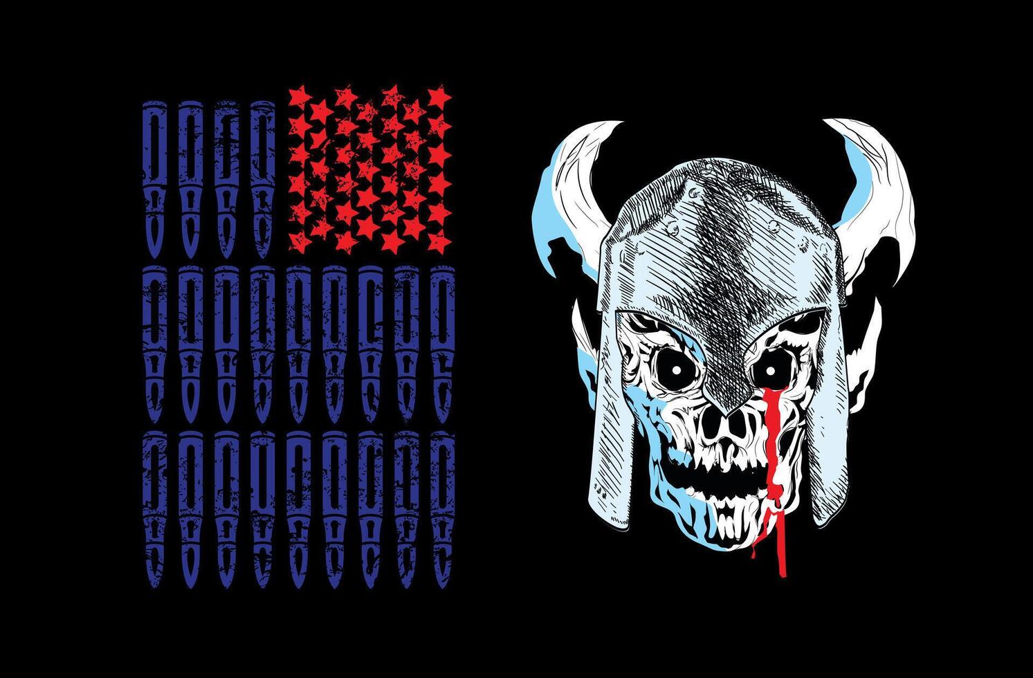 T-shirt design of a skull with a helmet and horns next to a United States flag on a black background. Critical image of North American arms production. vector