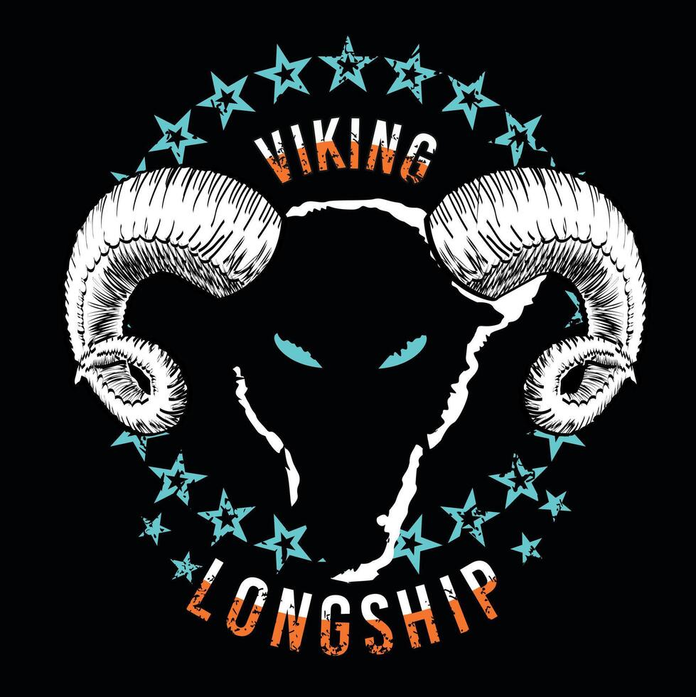 Viking longship. T-shirt design of the head of a goat surrounded by stars on a black background, vector