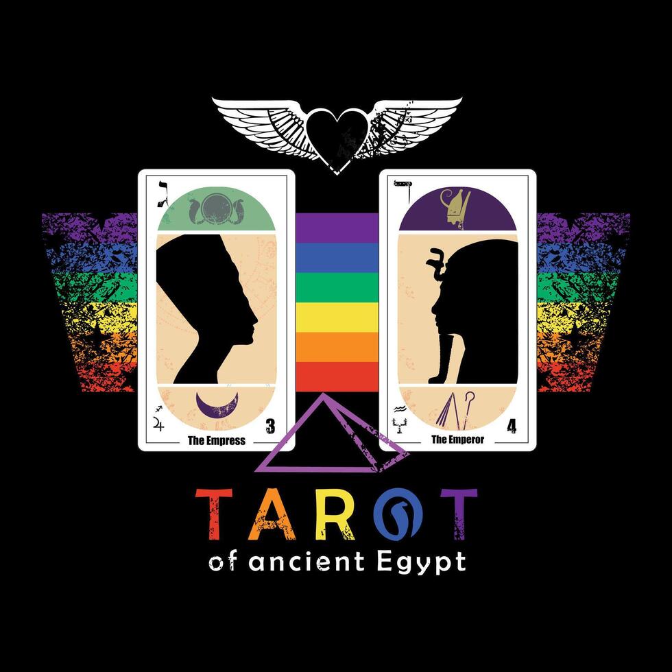 2Tarot of ancient Egypt. T-shirt design featuring two Egyptian tarot cards on a multicolored rainbow. Gay pride and esotericism. vector