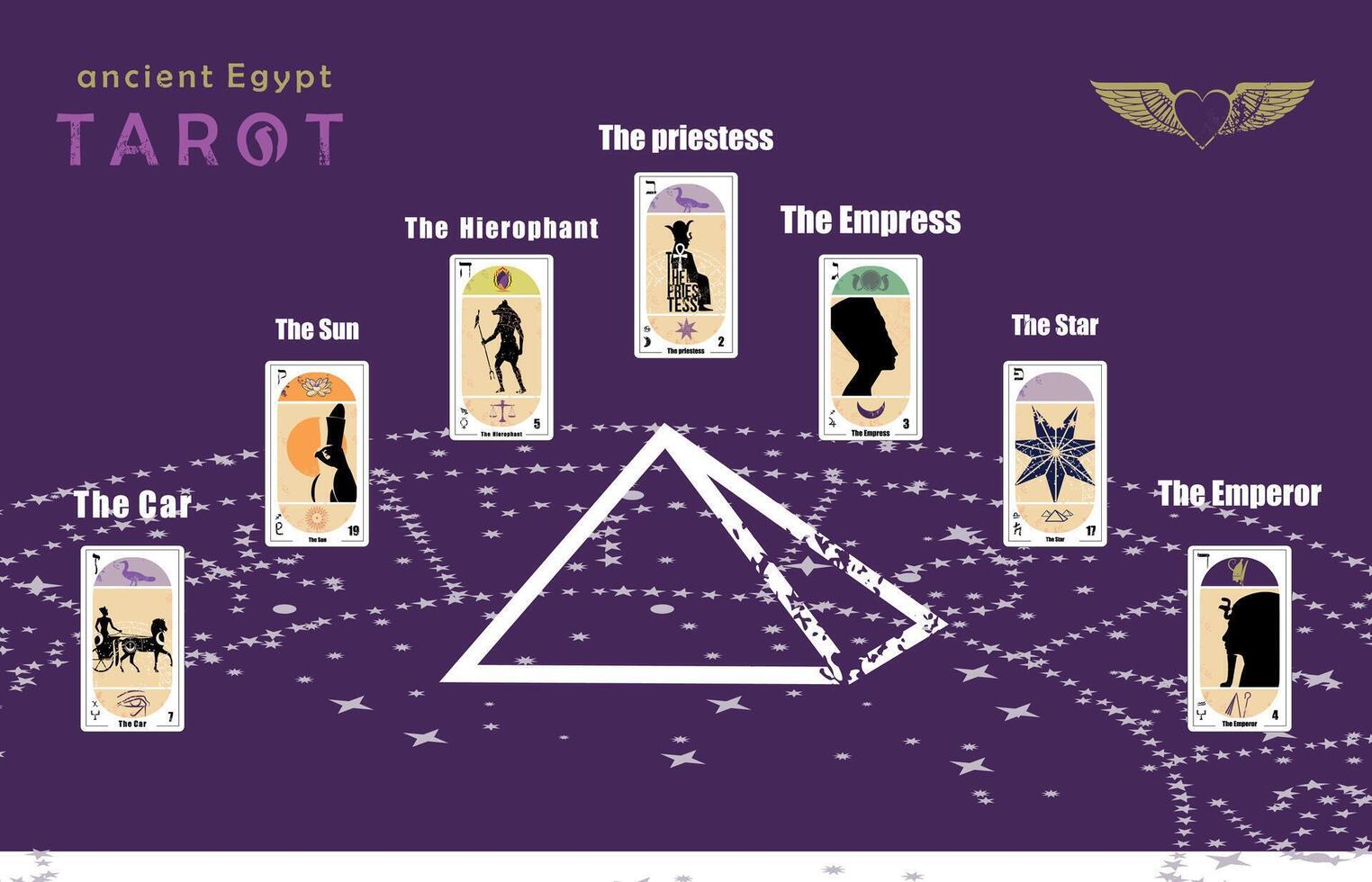 Ancient Egyptian Tarot. Set of seven Egyptian tarot cards on a pyramid. vector