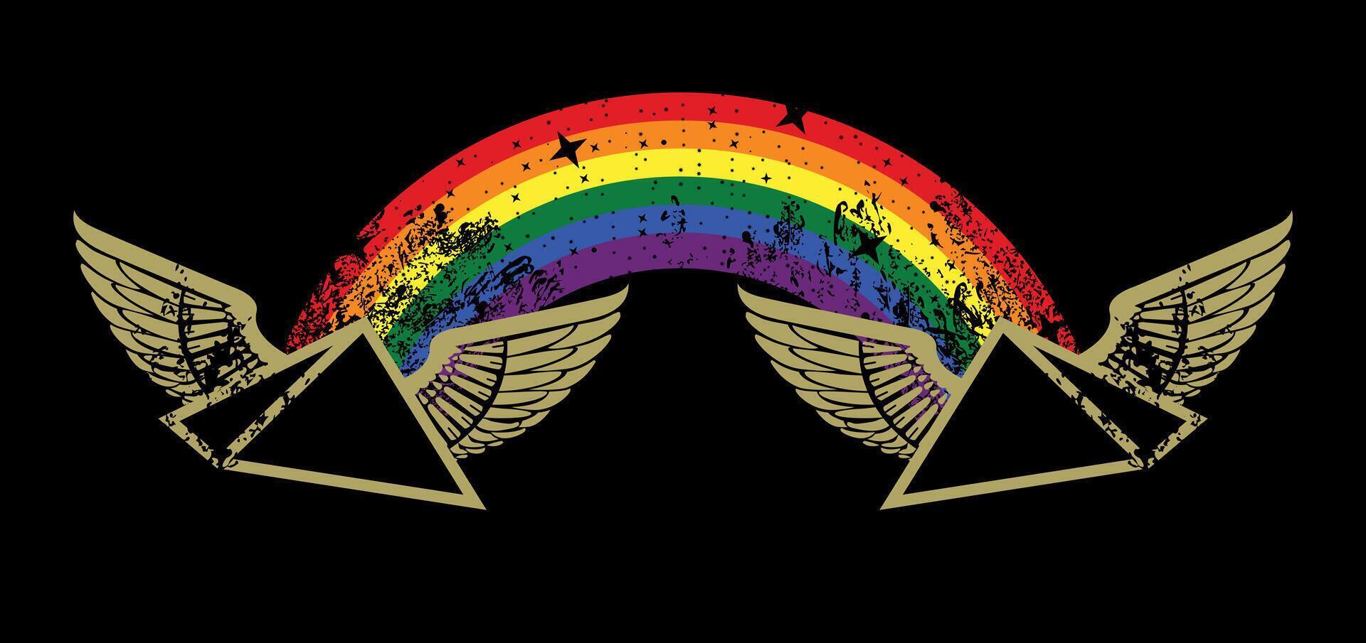 camiseta diseño de dos con alas egipcio pirámides unido por un multicolor arco iris en un negro antecedentes. gay orgullo. vector