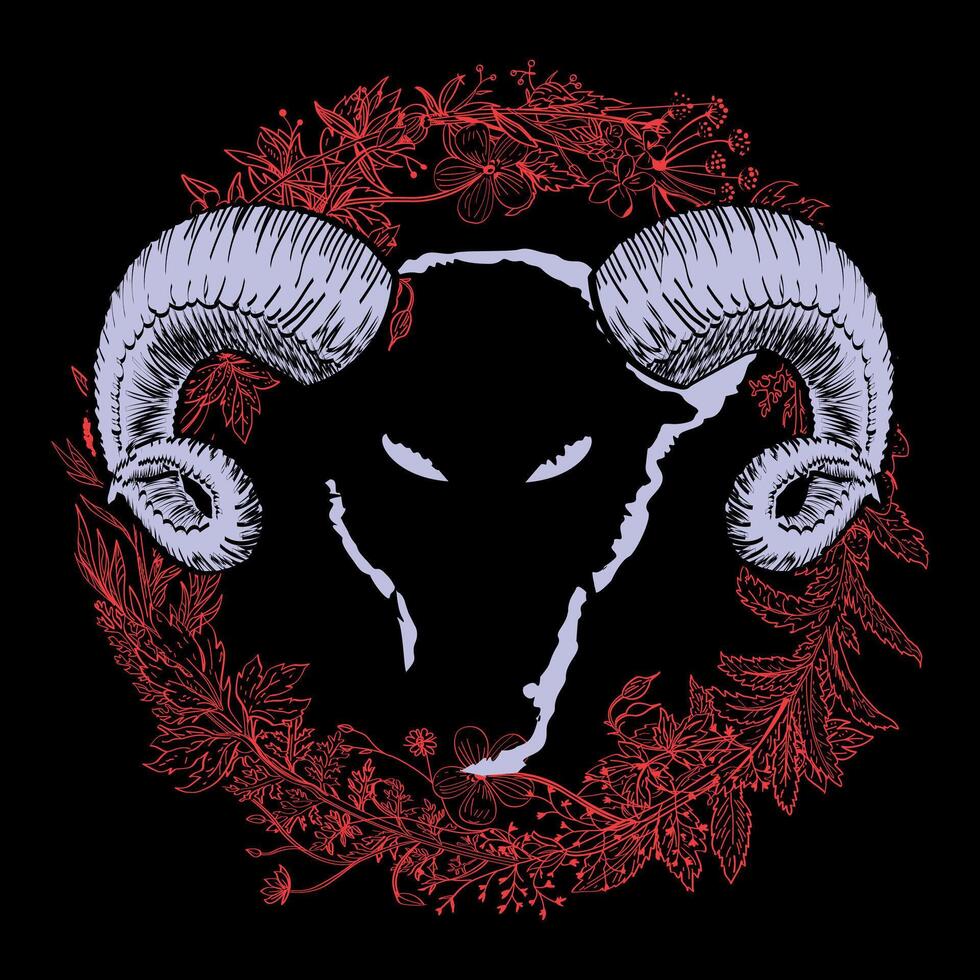 T-shirt design of a goat head with horns on red branches on a black background. satanic circle vector