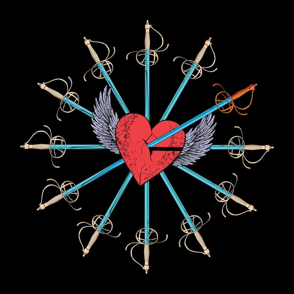 Winged heart t-shirt design with a stuck sword and multiple swords forming a circle on a black background. vector