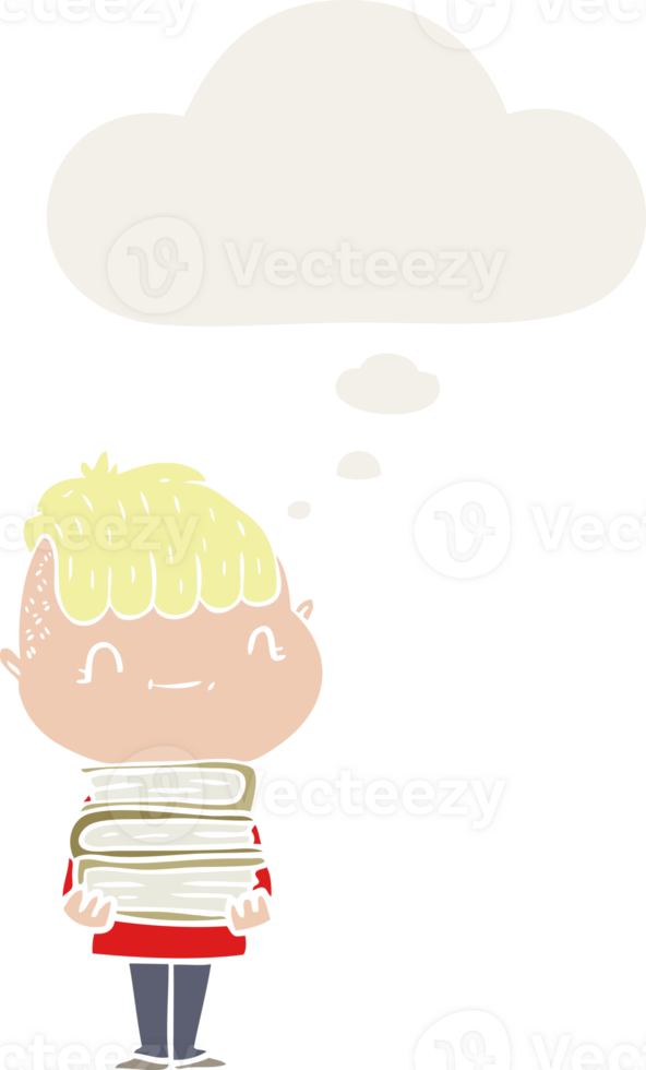 cartoon friendly boy with books with thought bubble in retro style png