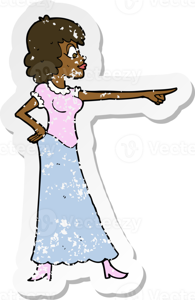retro distressed sticker of a cartoon woman pointing finger png