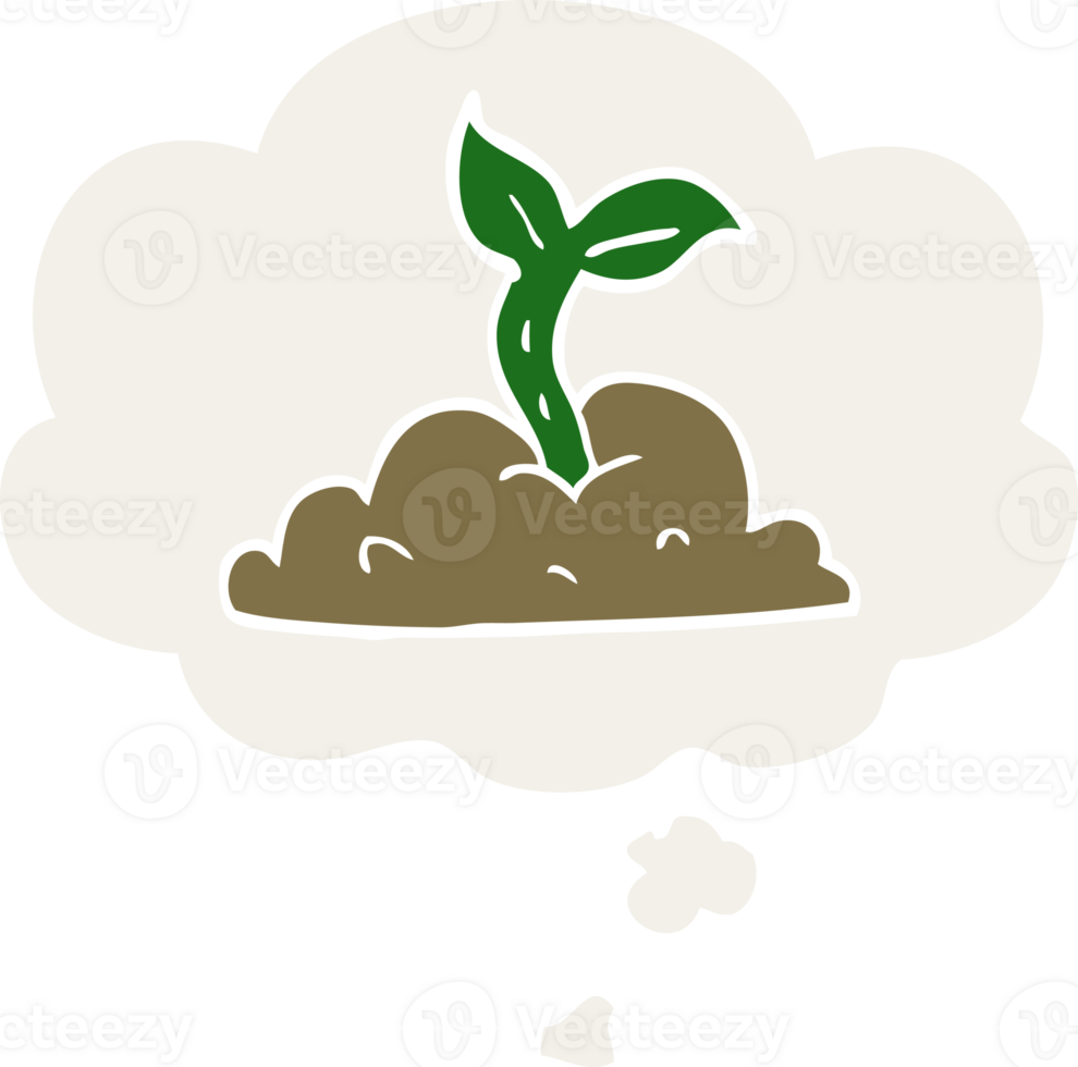 cartoon growing seedling with thought bubble in retro style png