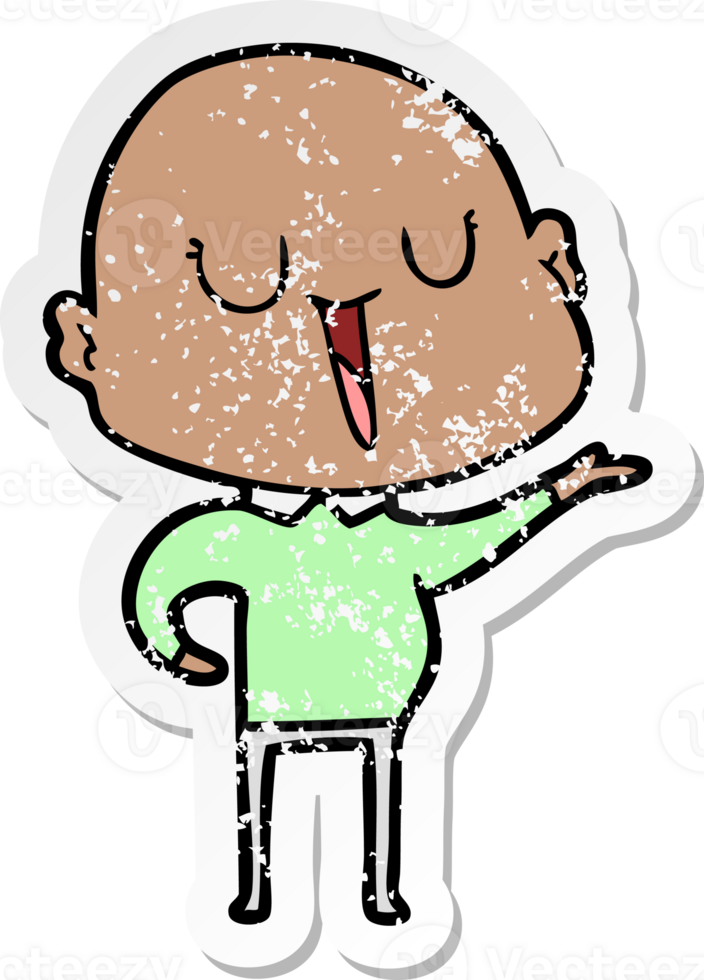 distressed sticker of a happy cartoon bald man png