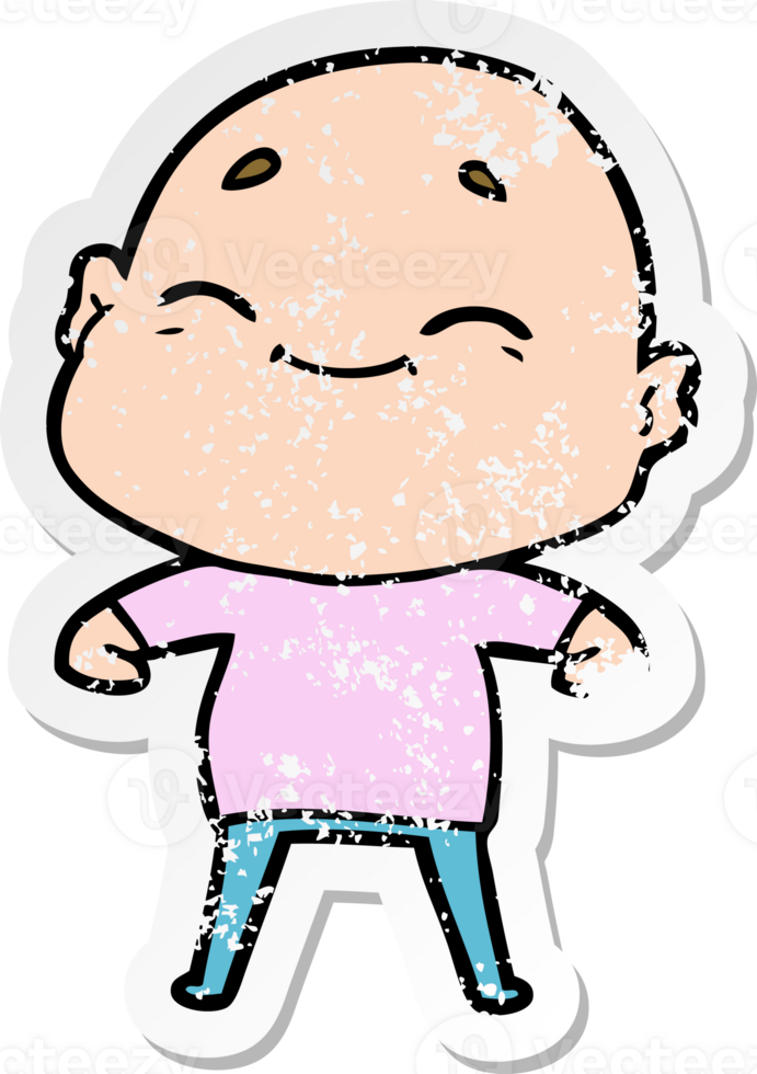 distressed sticker of a happy cartoon bald man png