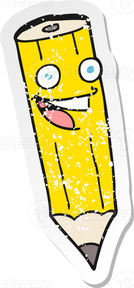 retro distressed sticker of a happy cartoon pencil png