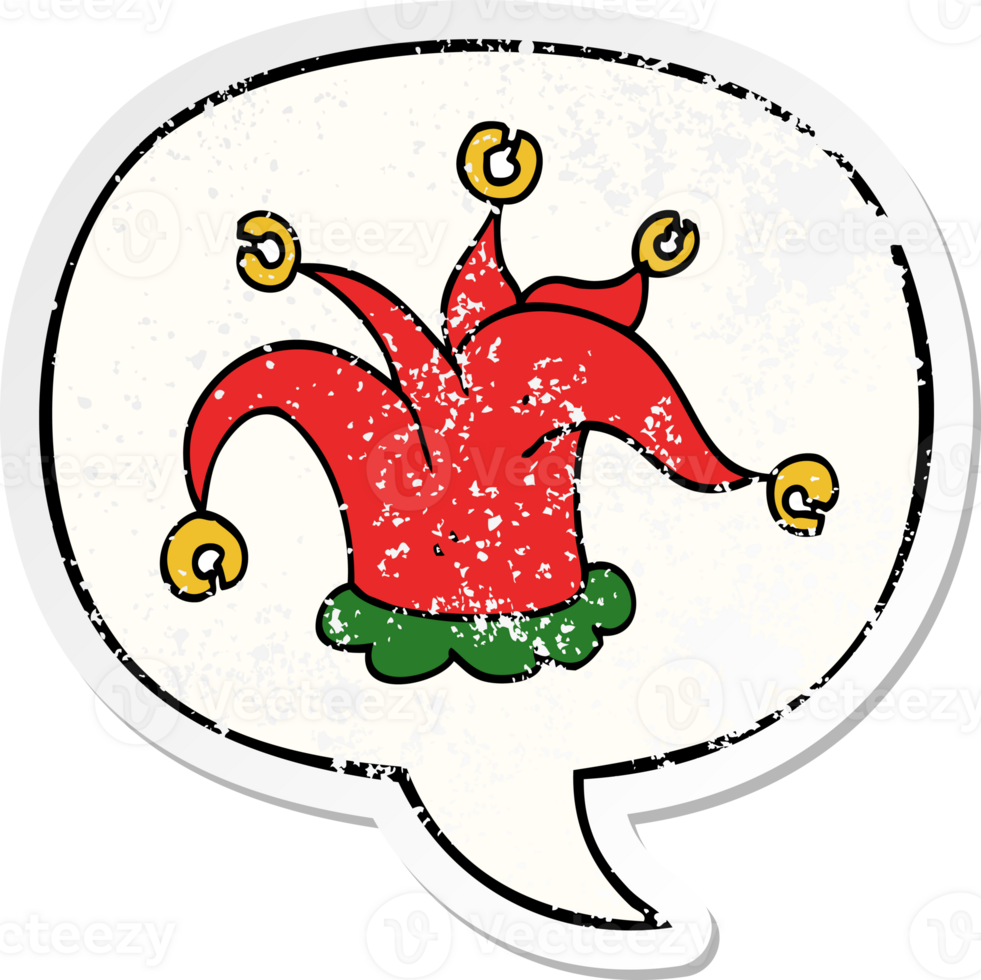 cartoon jester hat with speech bubble distressed distressed old sticker png