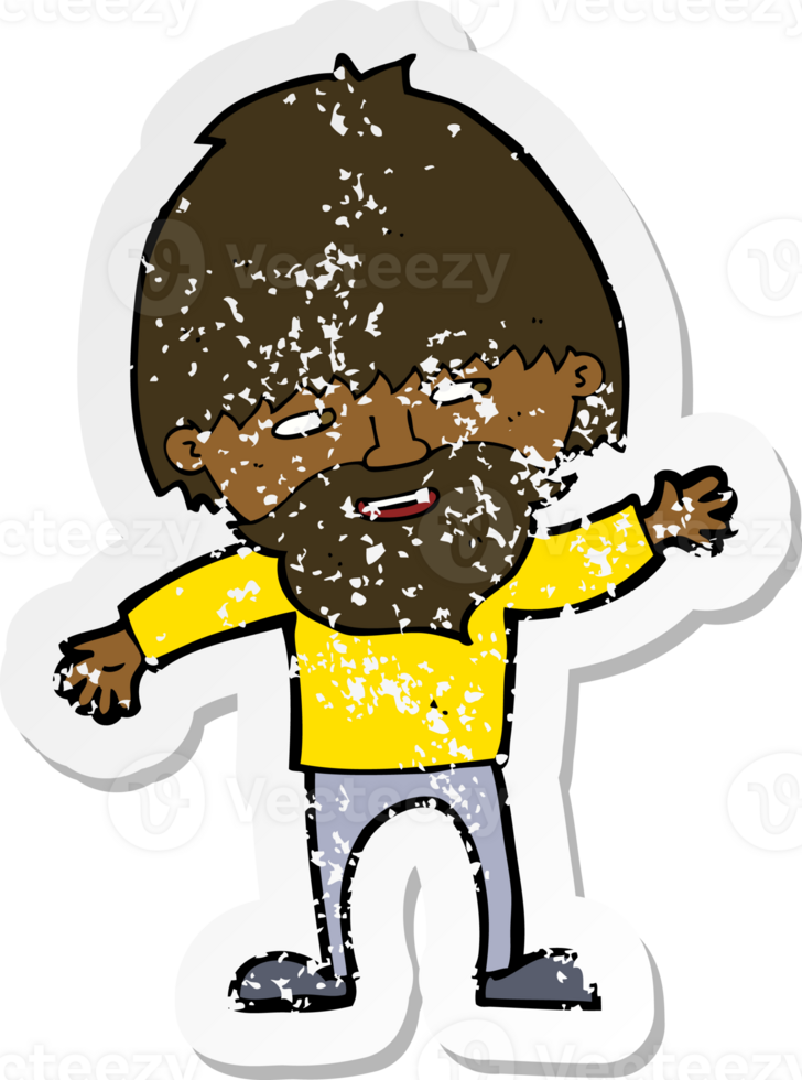 retro distressed sticker of a cartoon happy bearded man waving png