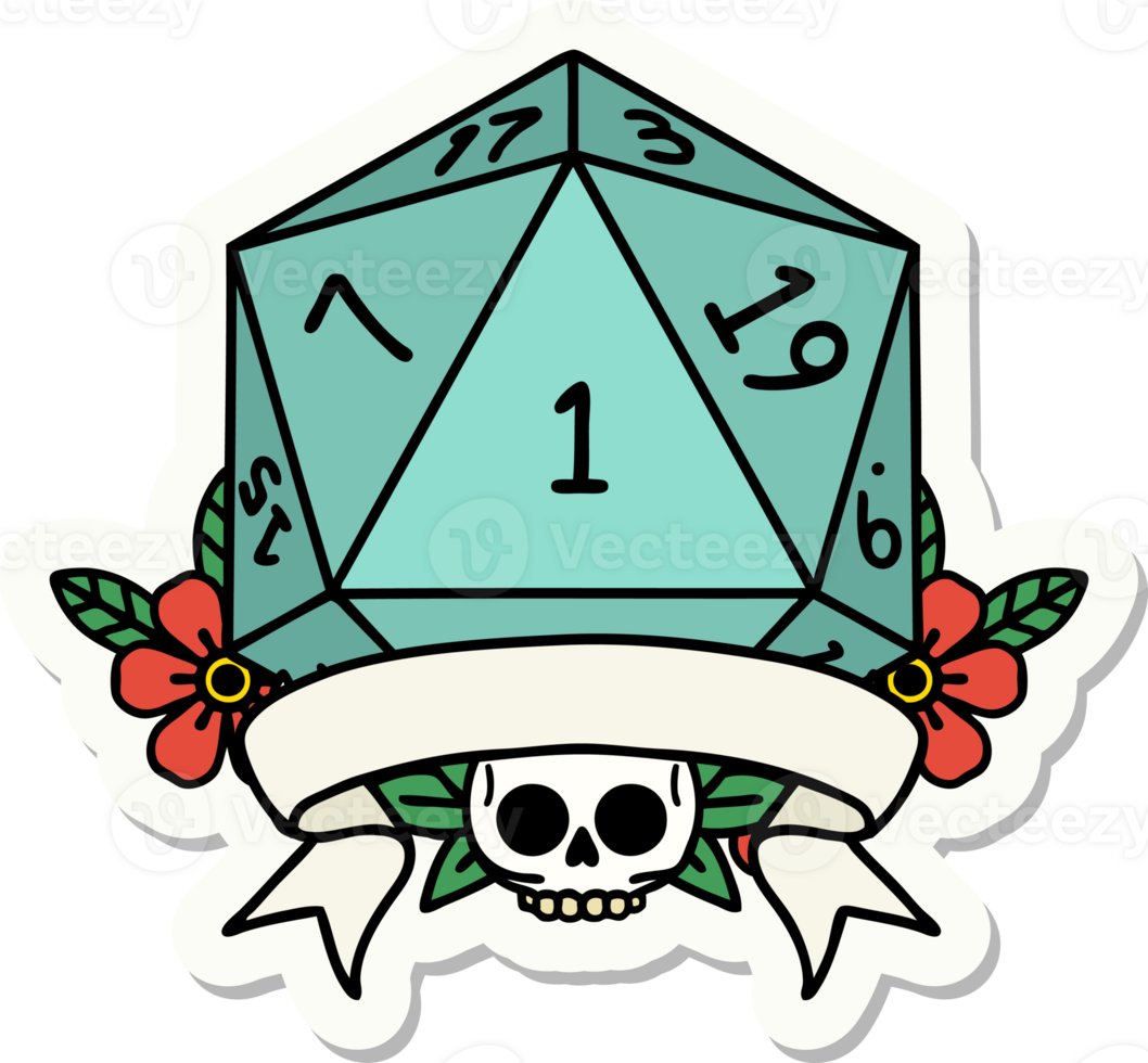 sticker of a natural one d20 dice roll png