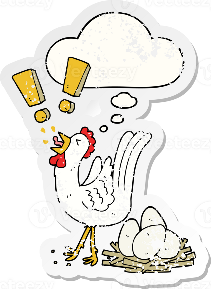 cartoon chicken laying egg with thought bubble as a distressed worn sticker png