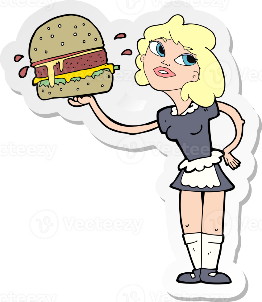 sticker of a cartoon waitress serving burger png