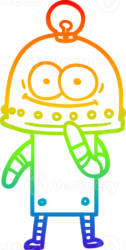 rainbow gradient line drawing of a happy carton robot with light bulb png