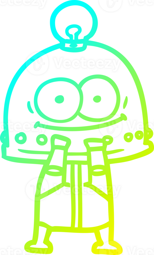cold gradient line drawing of a happy carton robot with light bulb png