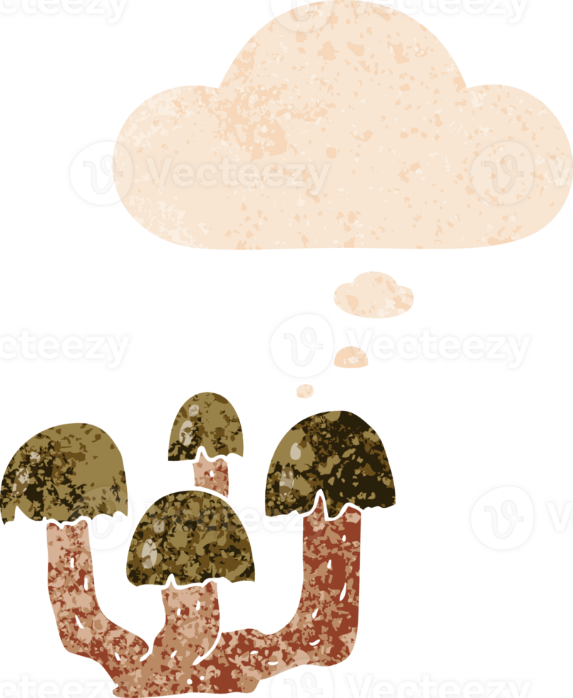 cartoon mushrooms with thought bubble in grunge distressed retro textured style png