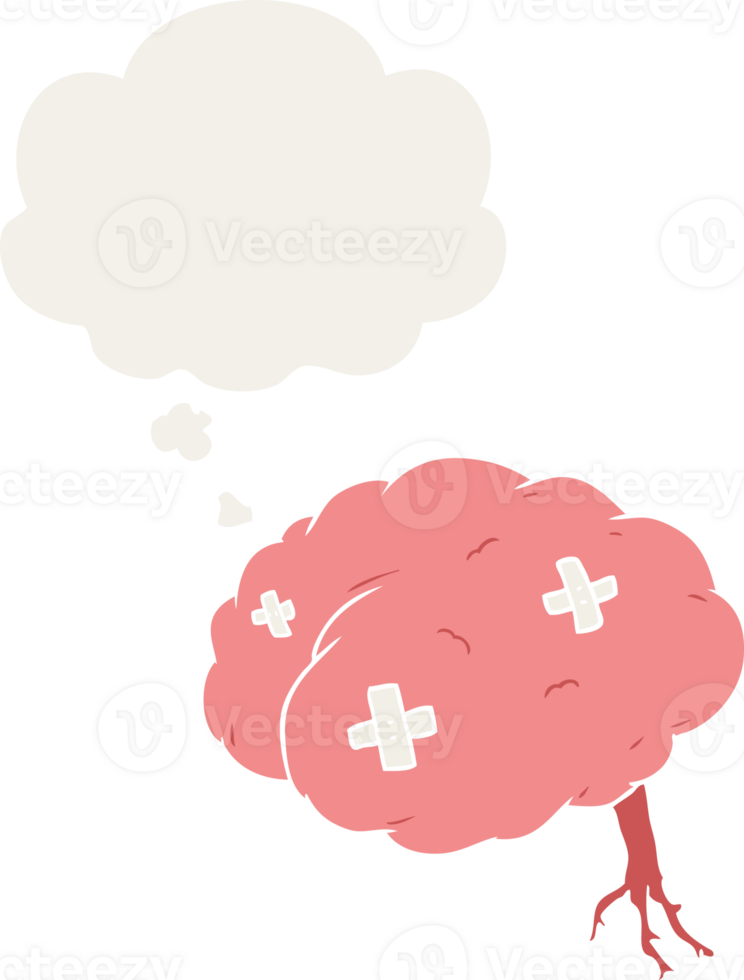 cartoon injured brain with thought bubble in retro style png