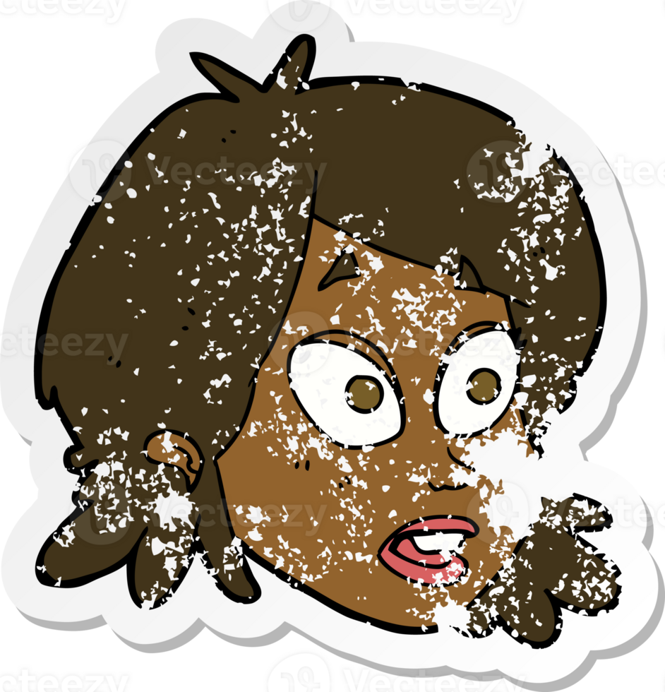 retro distressed sticker of a cartoon female face with surprised expression png