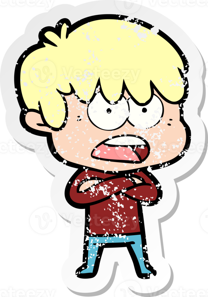 distressed sticker of a worried cartoon boy png