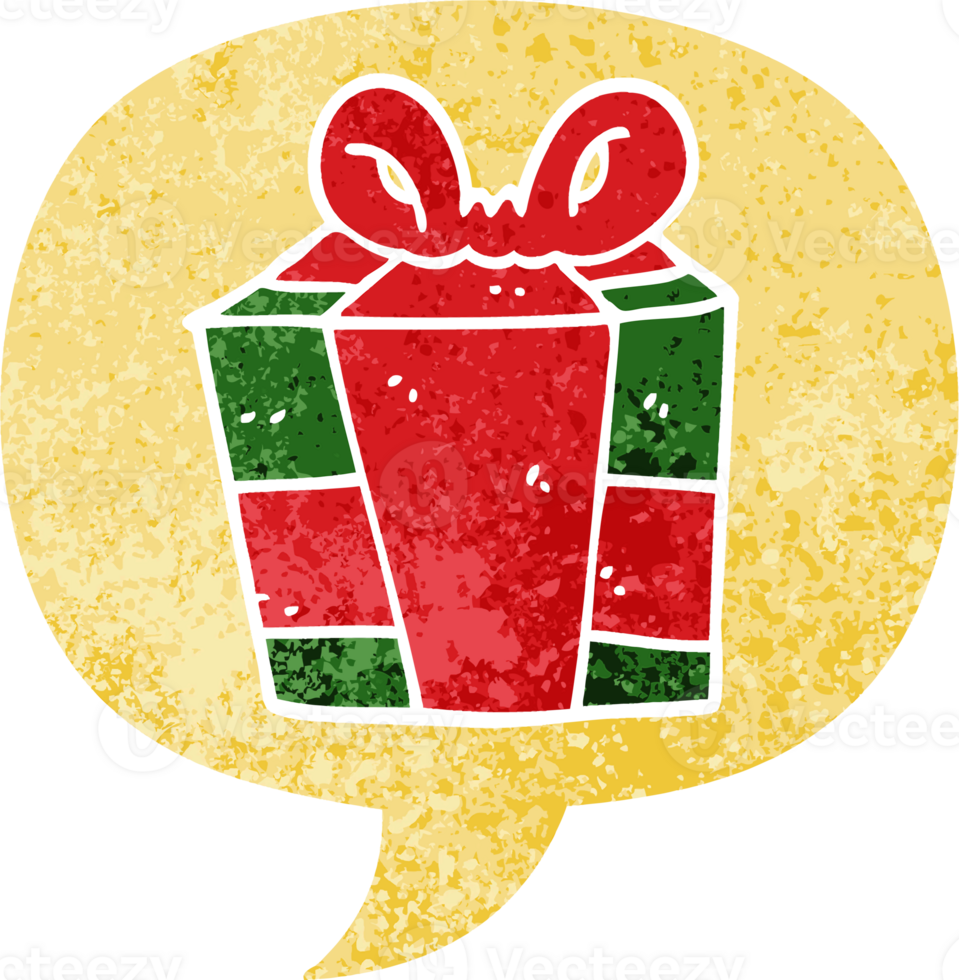 cartoon present with speech bubble in grunge distressed retro textured style png
