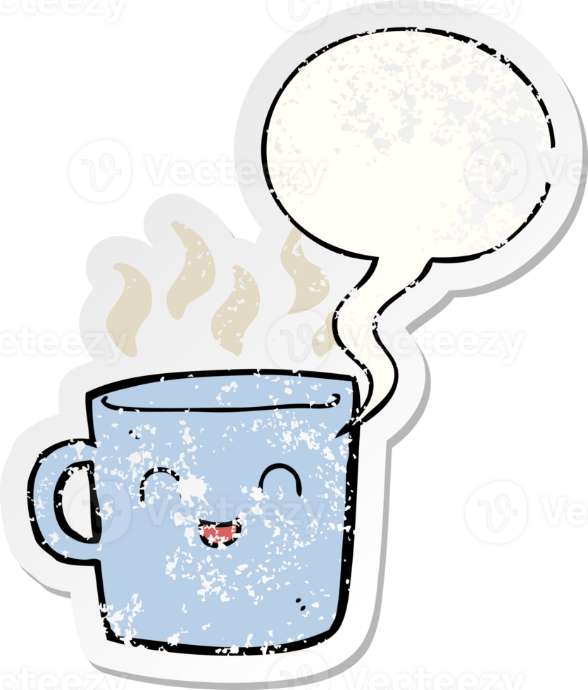 cute coffee cup cartoon with speech bubble distressed distressed old sticker png