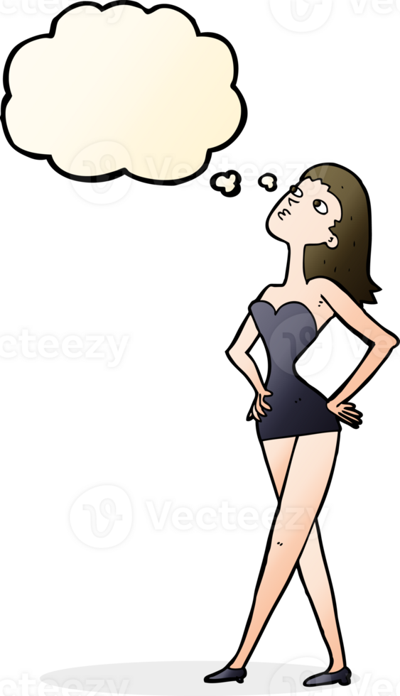 cartoon woman in party dress with thought bubble png
