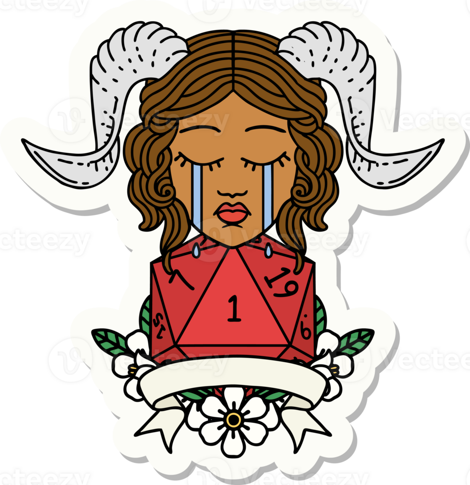 sticker of a crying tiefling with natural one D20 dice roll png