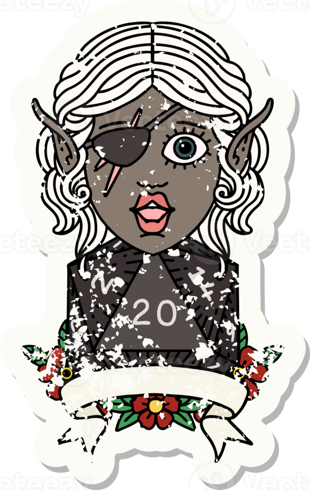 Retro Tattoo Style elf rogue character with natural twenty dice roll png
