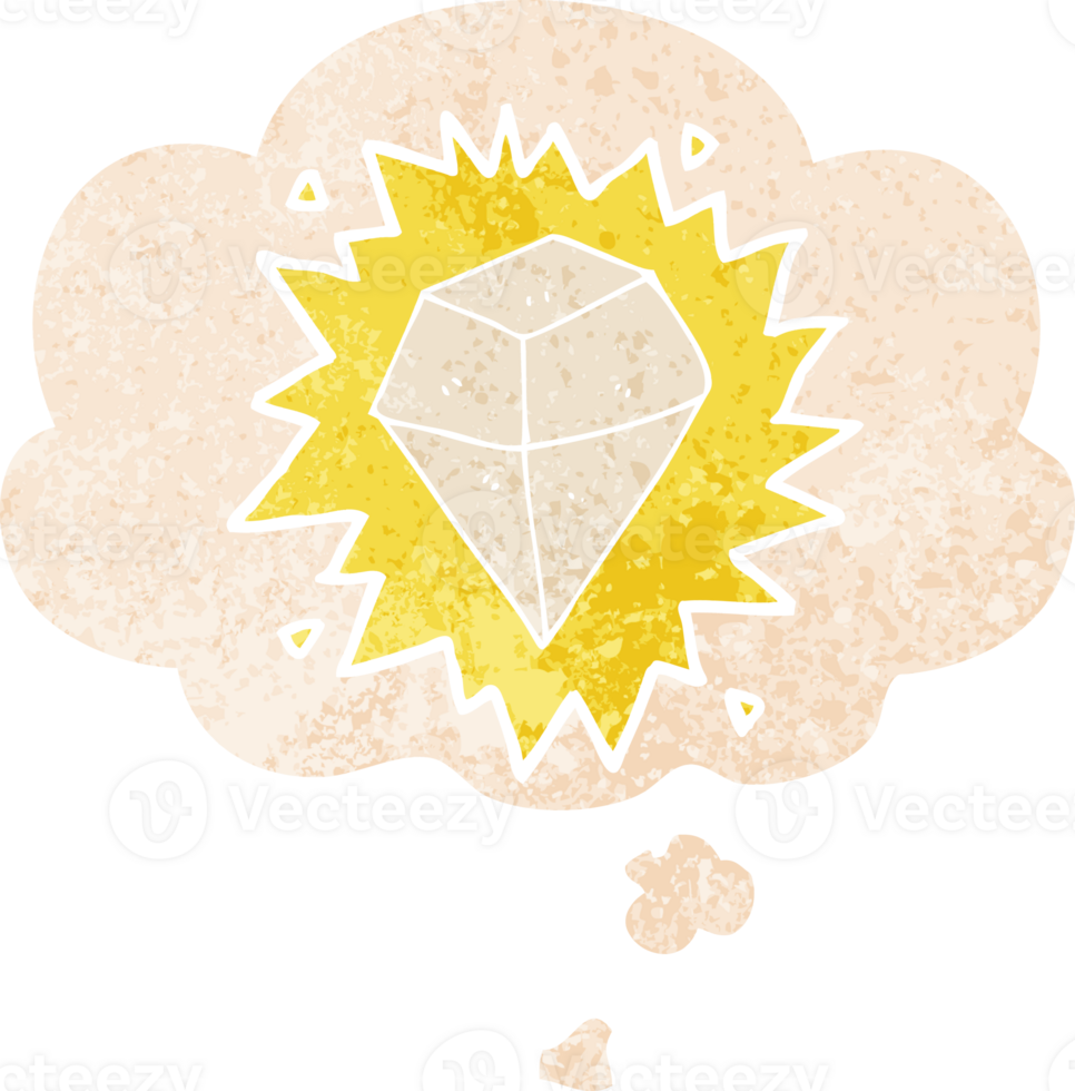 cartoon shining crystal with thought bubble in grunge distressed retro textured style png