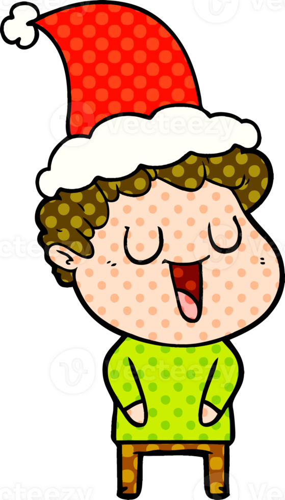 laughing hand drawn comic book style illustration of a man wearing santa hat png