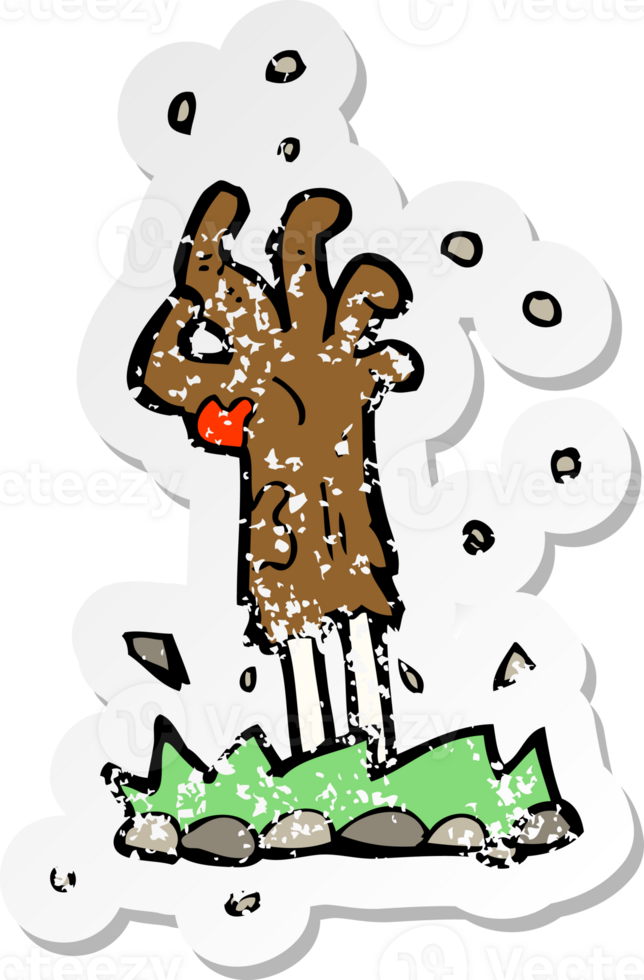 retro distressed sticker of a cartoon zombie hand rising from ground png