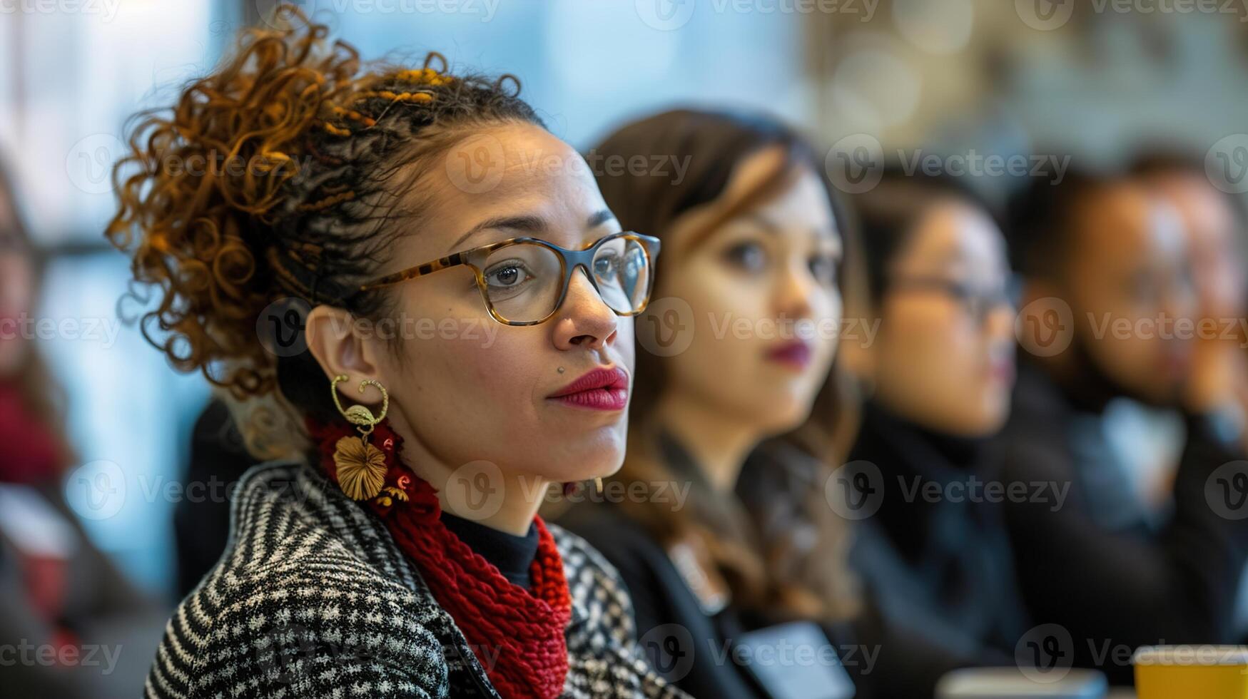 ai generado empoderado mujer en diverso profesiones unir debajo deib principios, exhibiendo género igualdad y inclusión en el moderno lugar de trabajo foto