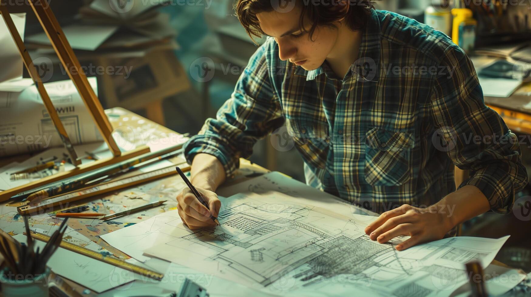 AI generated Young artist sketching architectural designs, with drawing tools and blueprints, space for art class ads. ,STEM concept photo