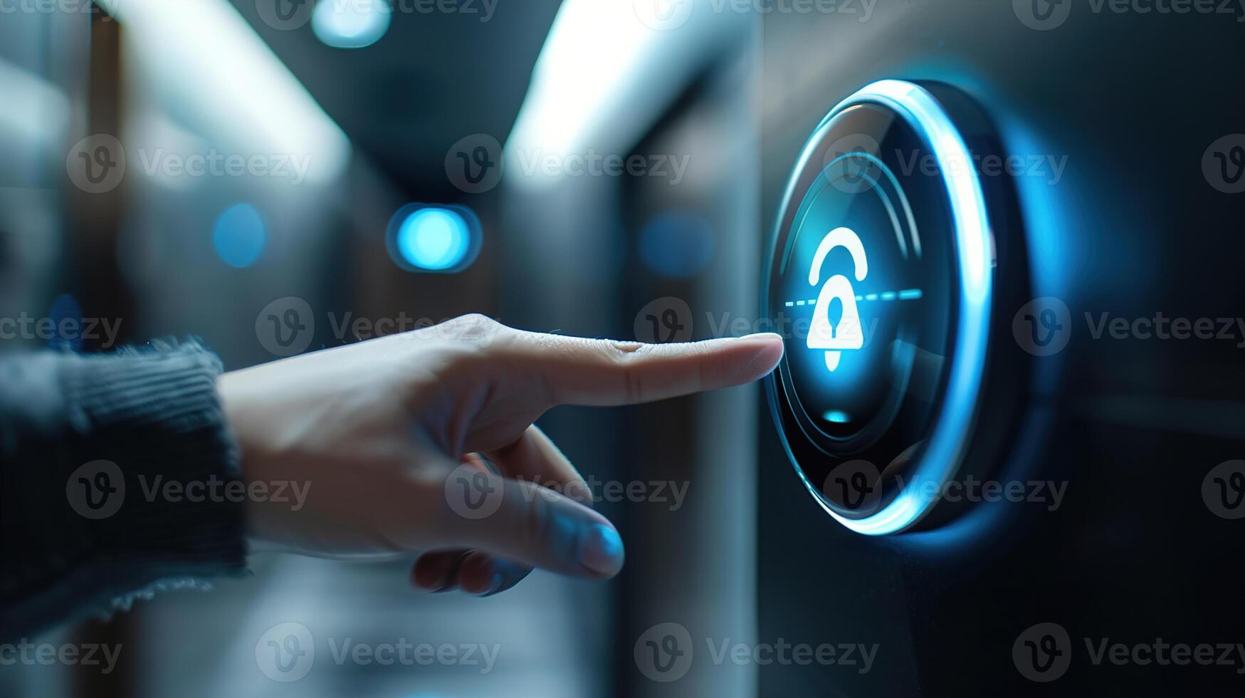 AI generated Hand indicating a compact wireless doorbell button, bell icon illuminated at the fingertip, with a clear area for text or ads. ,Smart Home Concept photo