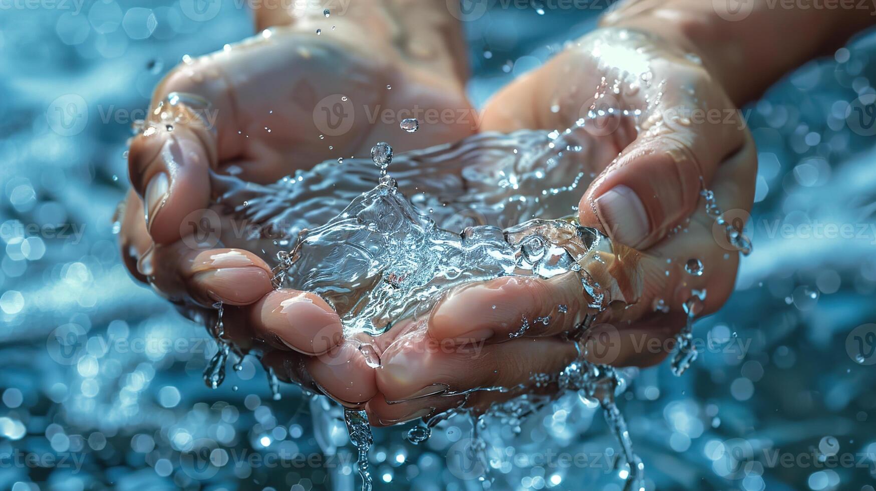 AI generated Clean water initiative with hands cupping fresh water, environmental care icon, space around the image for ads. ,ESG concept photo