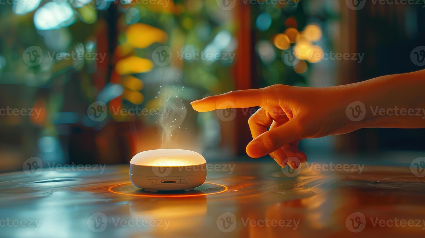 AI generated Hand pointing to a small aromatherapy diffuser, icon of scent waves at the point, leaving ample space for textual or ad content. ,Smart Home Concept photo