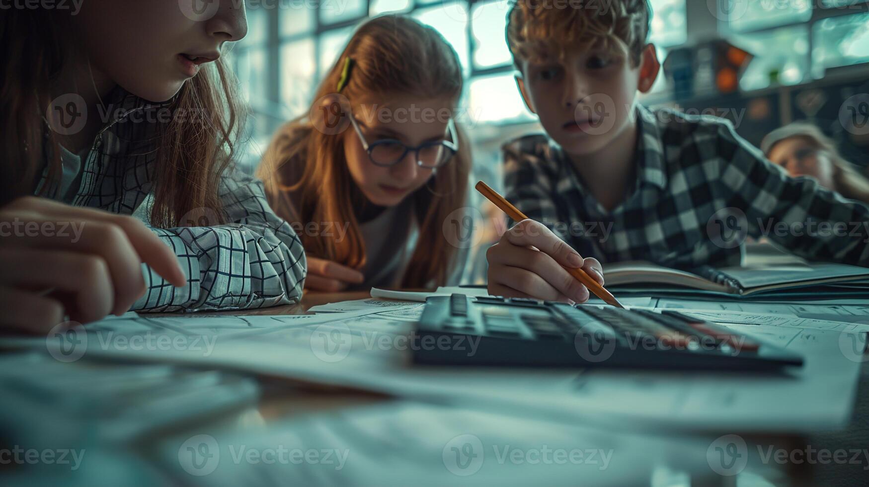 AI generated Students solving a complex math problem on large paper, with calculators and pencils, space for motivational quotes. ,STEM concept photo