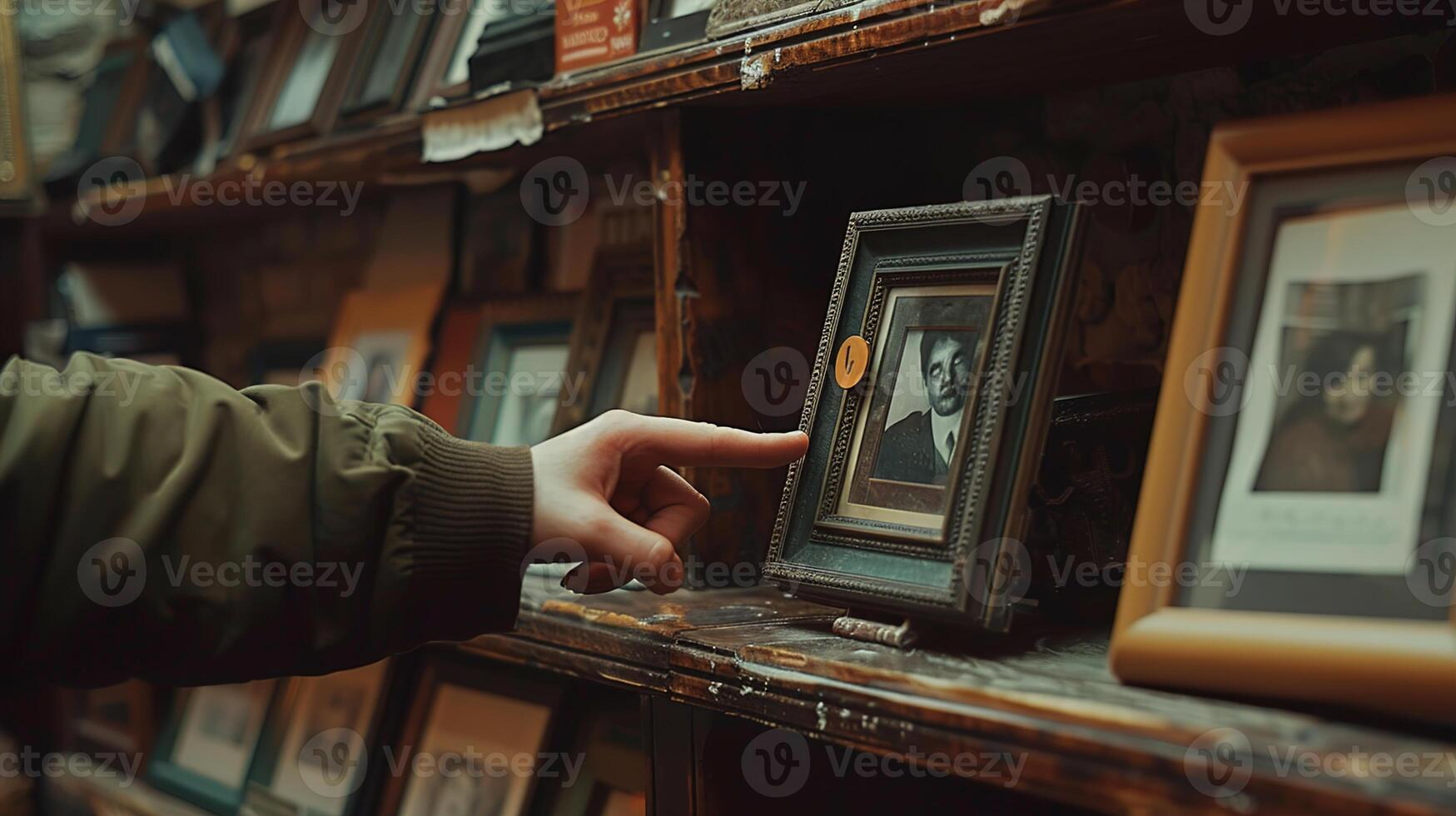 AI generated Pointing at a small photo frame on a shelf, with a picture icon at the pointing spot, surrounded by space for text or ads. ,Smart Home Concept