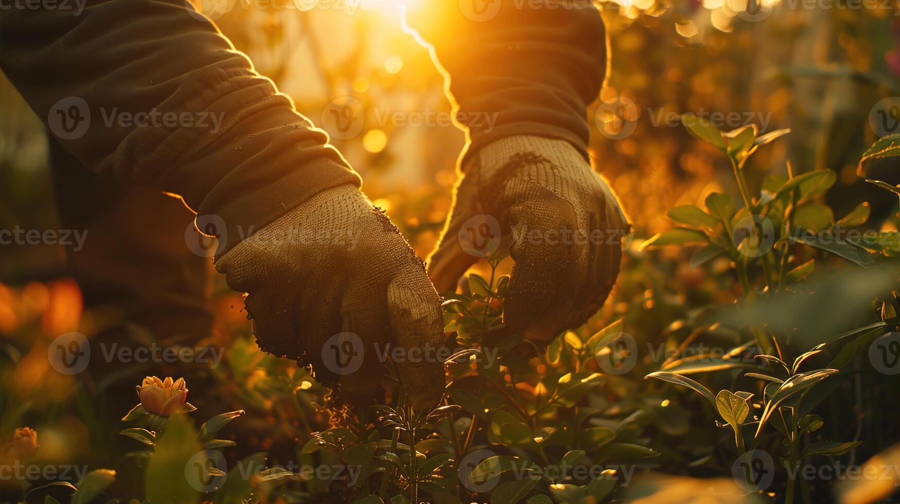 ai generado un jardinero diligentemente trabajos en el tarde tarde luz, nutriendo el jardín con un profundo conexión a naturaleza. ,jardinería concepto foto