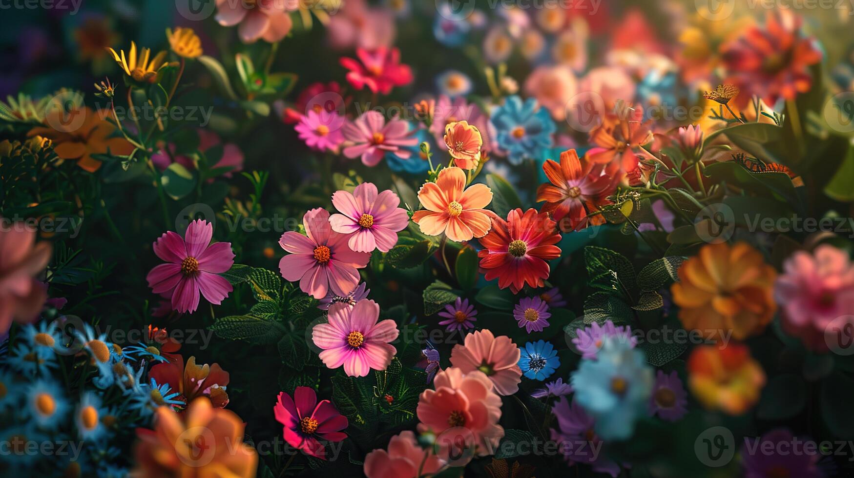 AI generated Afternoon sunlight softly illuminates flower beds, highlighting the vibrant colors and detailed textures. ,Gardening Concept photo